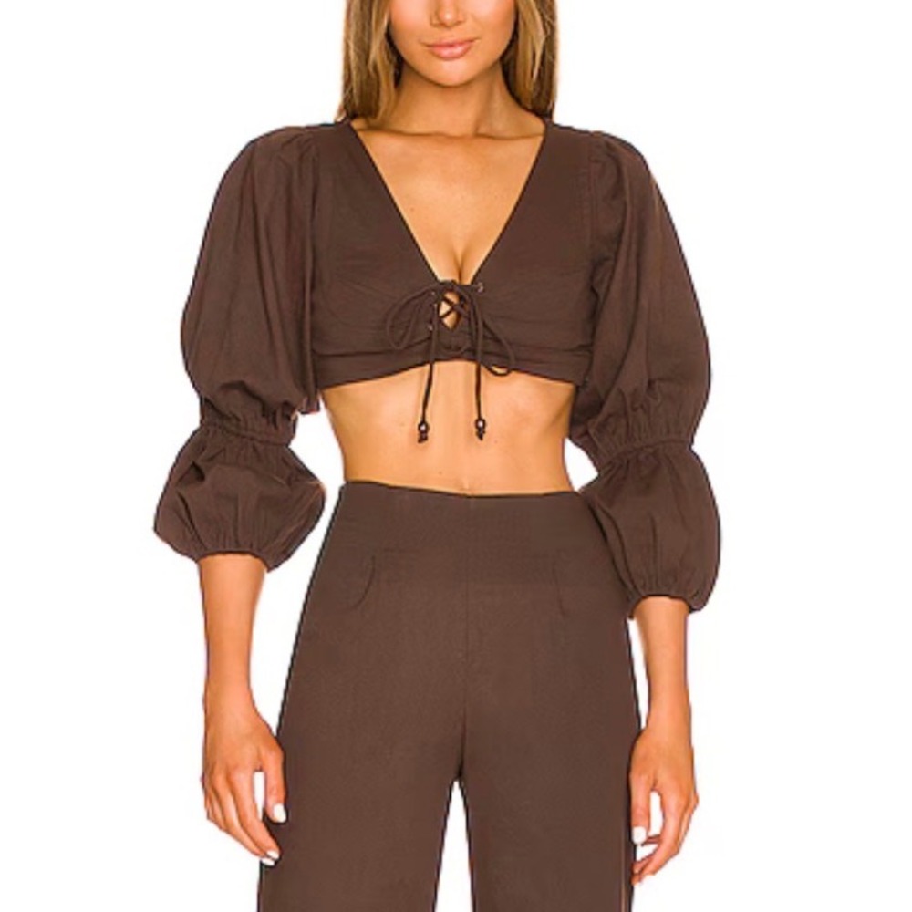 House of Harlow 1960 x Revolve Roque Top Small Brown Lace Up Crop Balloon Sleeve